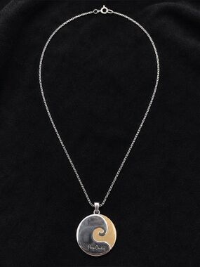 Vintage Pierre Cardin Modernist Yin Yang Two-Tone Pendant Necklace Signed 13.5"